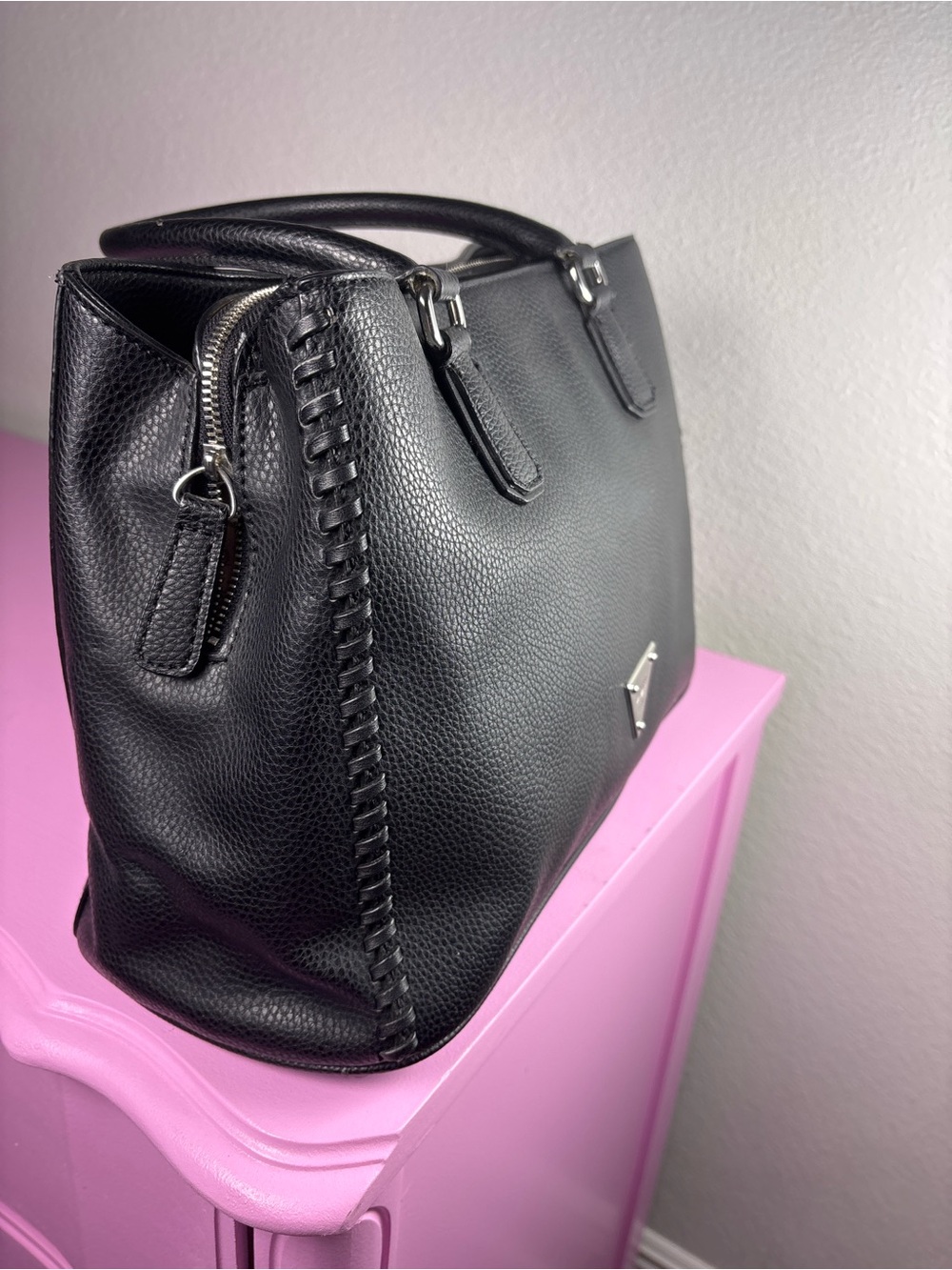 GUESS Black Pebbled Leather Tote with Silver Hardware - Picture 5 of 14